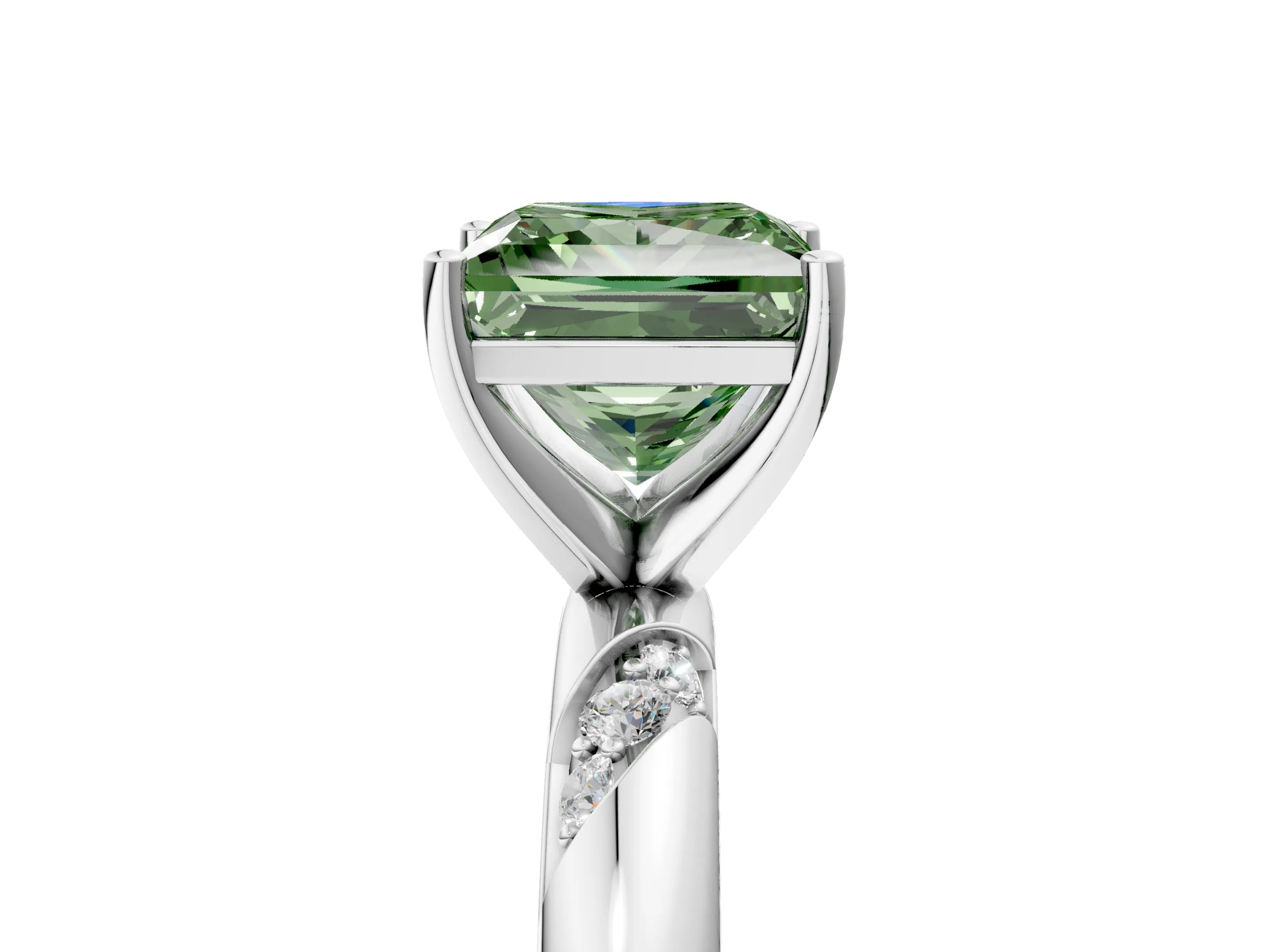 White gold Fancy Green Princess Cut Solitaire Diamond Engagement Ring with Twisted Pave Band and Four-Prong Setting_24