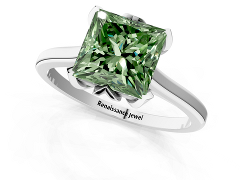 White gold Fancy Green Princess  Cut Solitaire Diamond Ring with Flower-Prong Setting and Classic Band_1