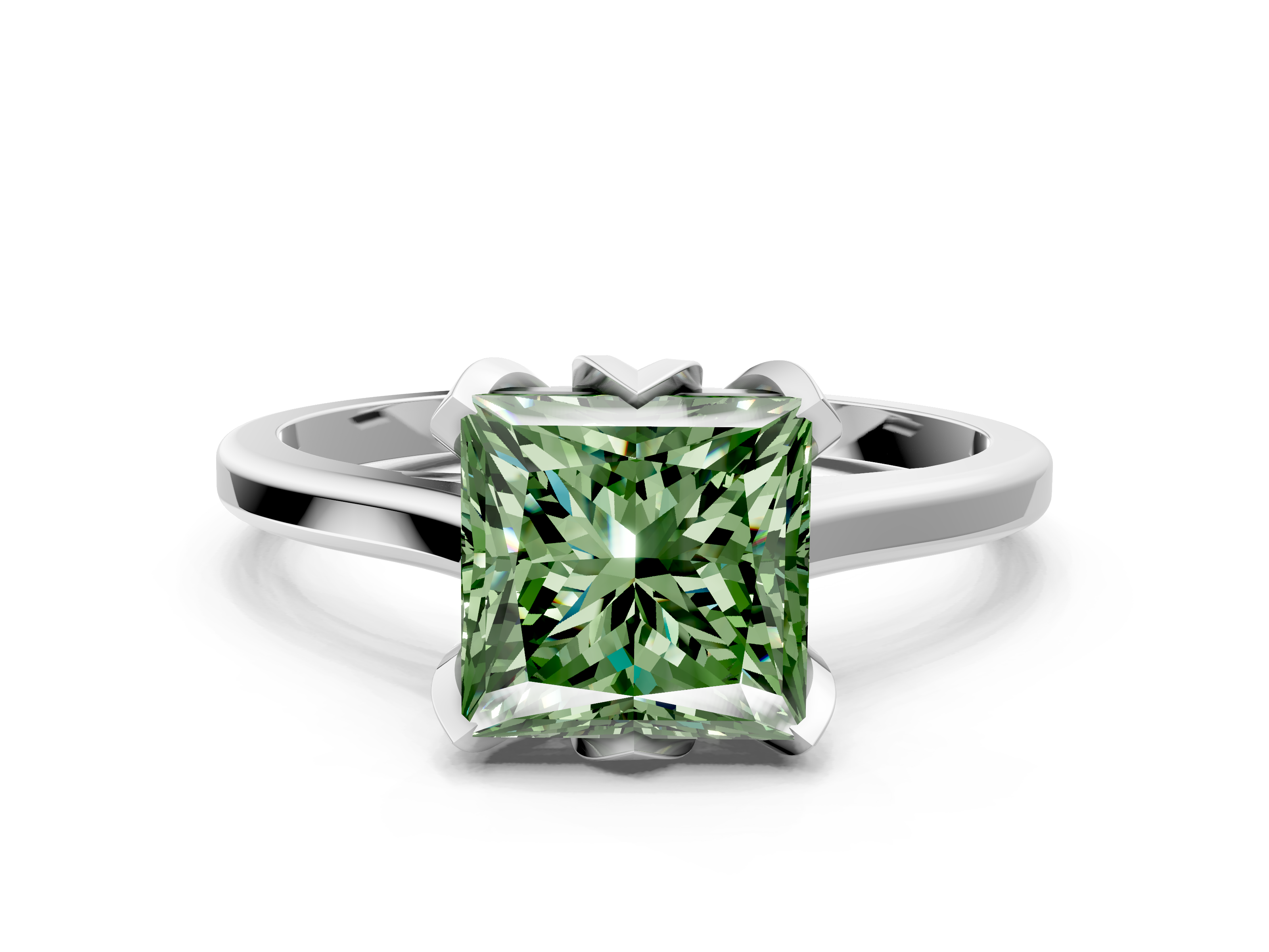 White gold Fancy Green Princess  Cut Solitaire Diamond Ring with Flower-Prong Setting and Classic Band