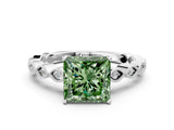 White gold Fancy Green Princess Cut Solitaire Diamond Ring with Infinity Twist Band and Four-Prong Setting