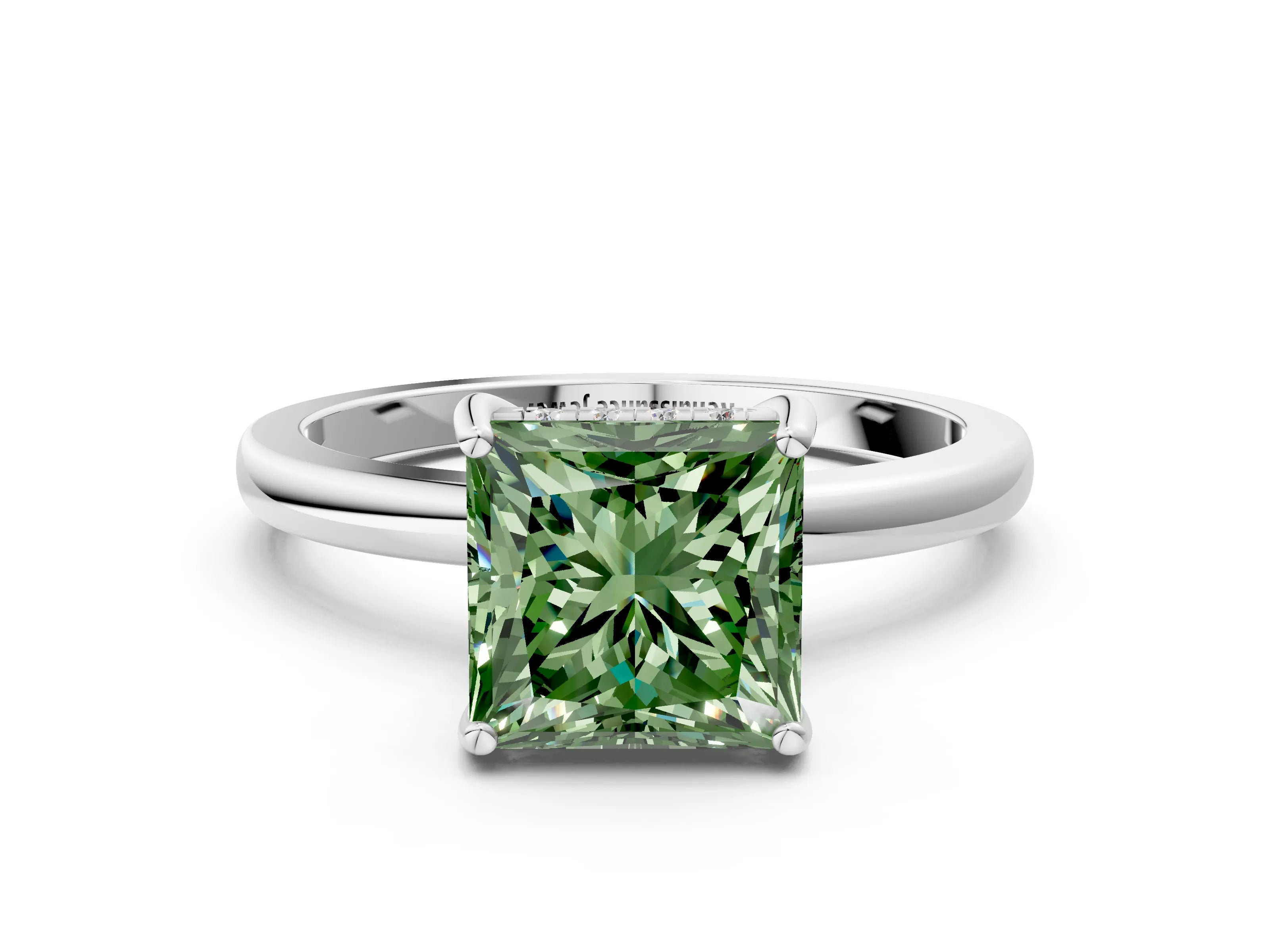 White gold Fancy Green Princess Cut Solitaire Diamond Ring with Prong Setting and Plain Band_12