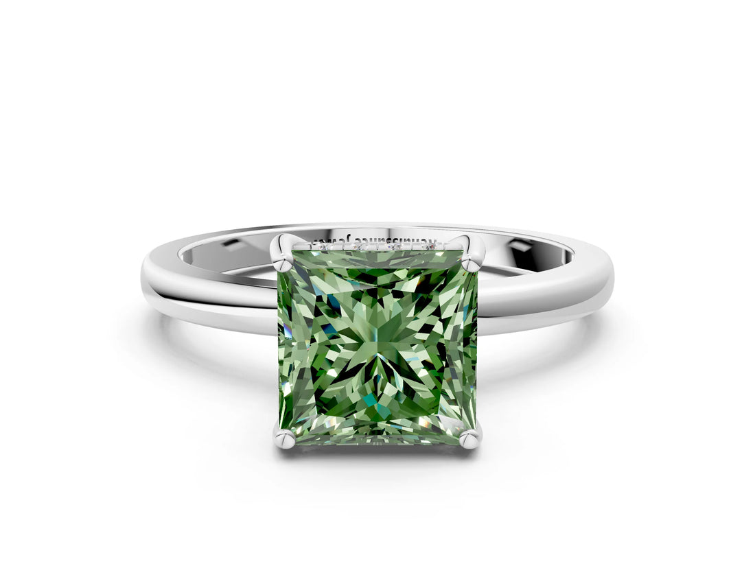 White gold Fancy Green Princess Cut Solitaire Diamond Ring with Prong Setting and Plain Band_12
