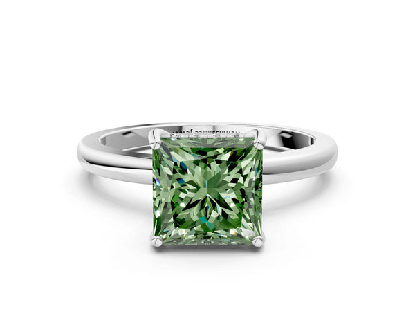 White gold Fancy Green Princess Cut Solitaire Diamond Ring with Prong Setting and Plain Band