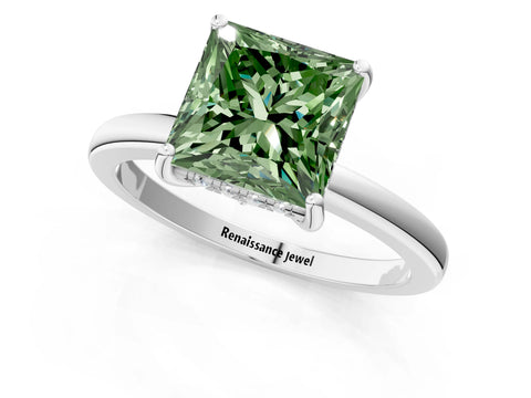 White gold Fancy Green Princess Cut Solitaire Diamond Ring with Prong Setting and Plain Band_13