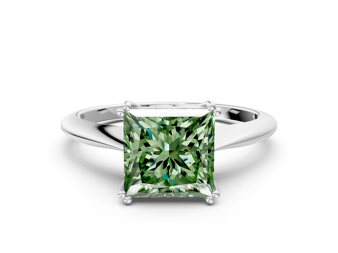 White gold Fancy Green Princess Cut Solitaire Diamond Ring with Six-Prong Setting and Classic Band_192