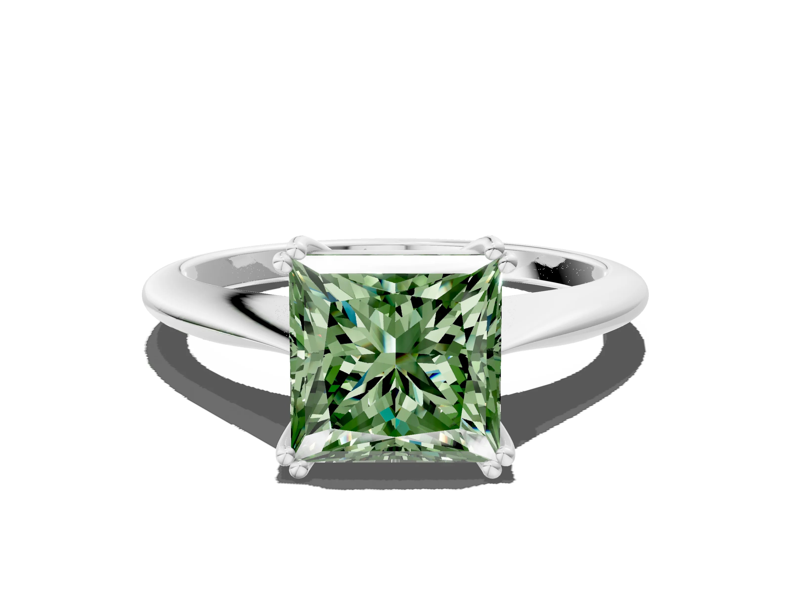 White gold Fancy Green Princess Cut Solitaire Diamond Ring with Six-Prong Setting and Classic Band