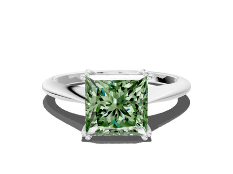 White gold Fancy Green Princess Cut Solitaire Diamond Ring with Six-Prong Setting and Classic Band