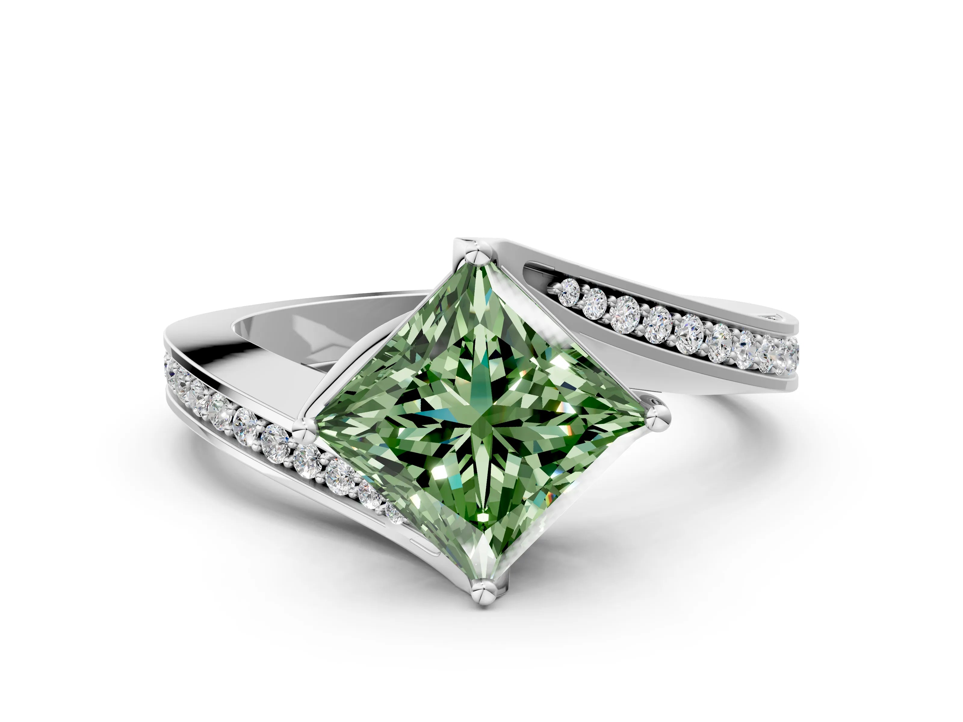 White gold Fancy Green Princess Cut Solitaire Diamond Twist Band with Pavé Setting and Four-Prong Setting_12