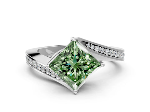 White gold Fancy Green Princess Cut Solitaire Diamond Twist Band with Pavé Setting and Four-Prong Setting_12