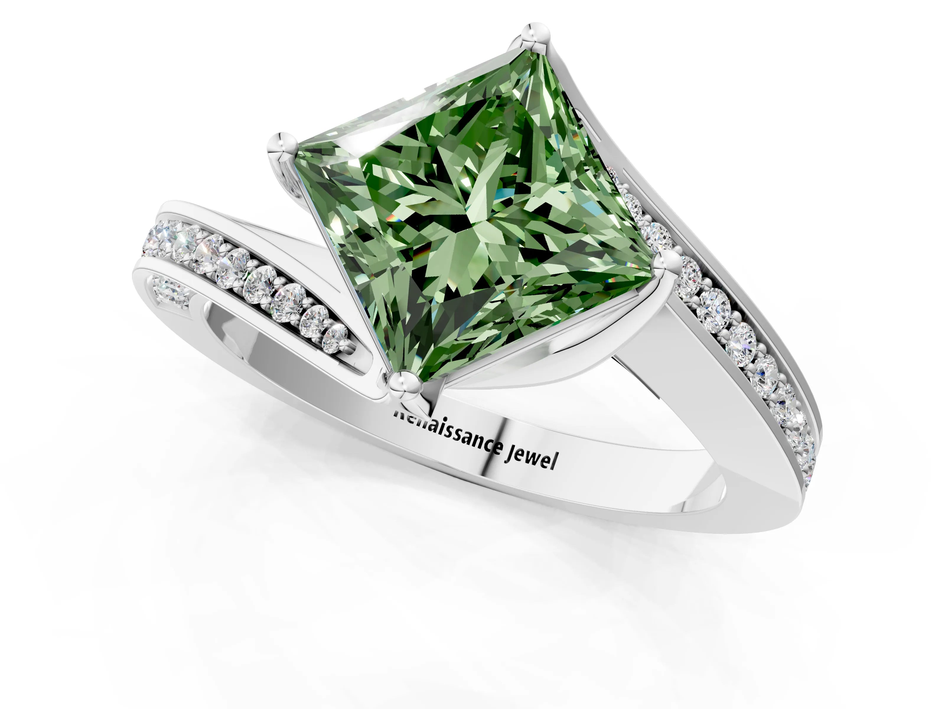 White gold Fancy Green Princess Cut Solitaire Diamond Twist Band with Pavé Setting and Four-Prong Setting_13