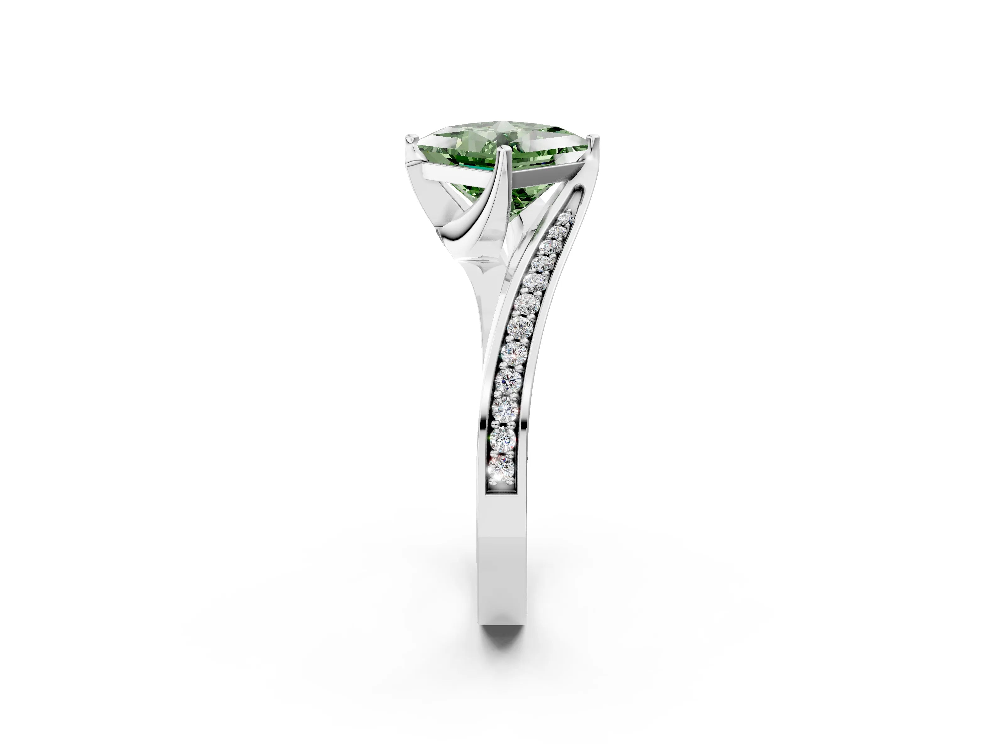 White gold Fancy Green Princess Cut Solitaire Diamond Twist Band with Pavé Setting and Four-Prong Setting_14