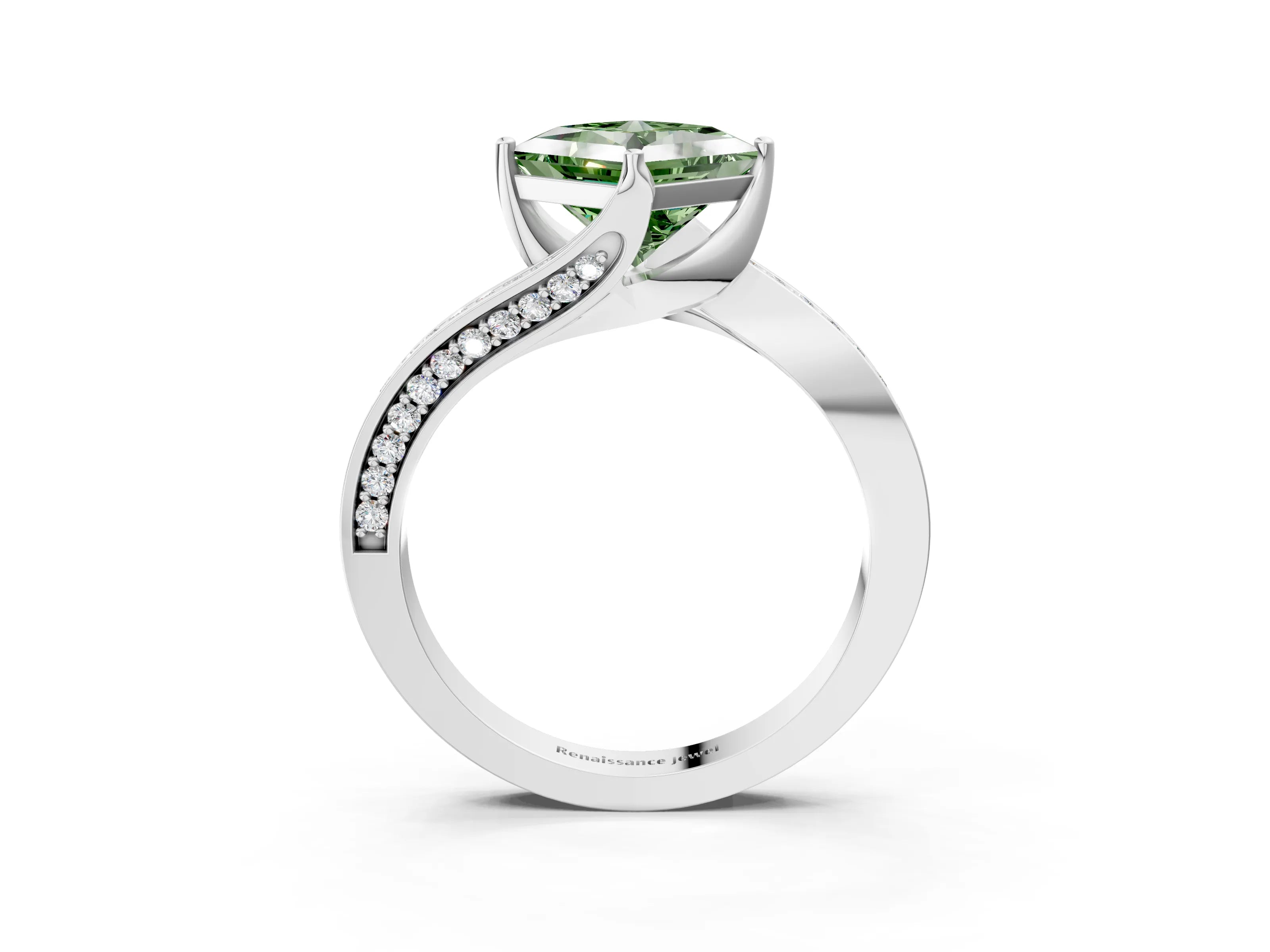 White gold Fancy Green Princess Cut Solitaire Diamond Twist Band with Pavé Setting and Four-Prong Setting_15