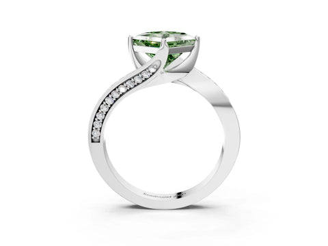 White gold Fancy Green Princess Cut Solitaire Diamond Twist Band with Pavé Setting and Four-Prong Setting_15