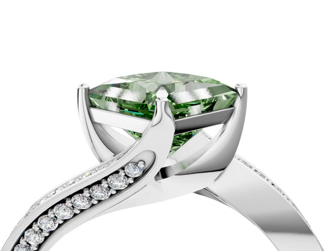 White gold Fancy Green Princess Cut Solitaire Diamond Twist Band with Pavé Setting and Four-Prong Setting_16