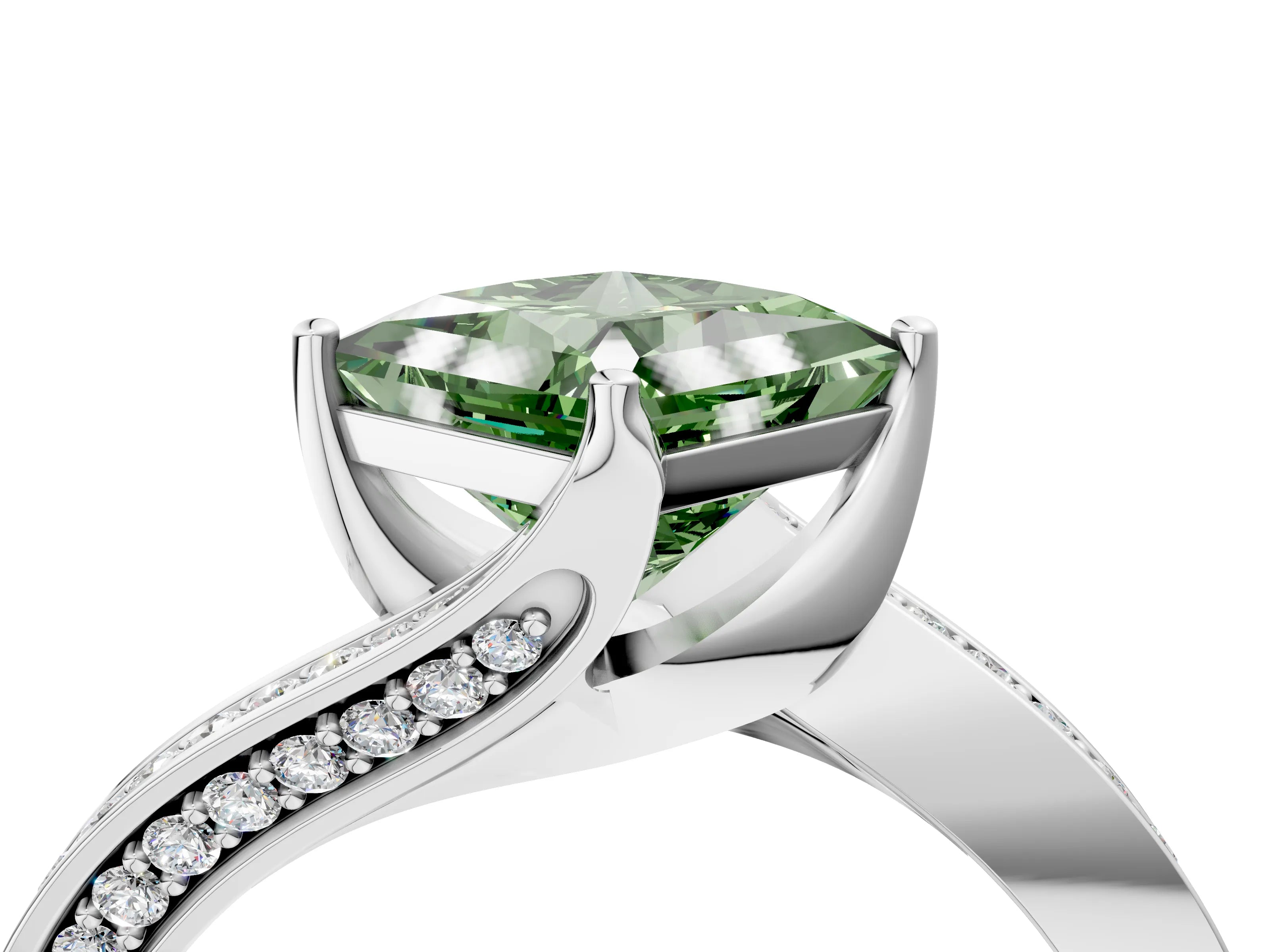 White gold Fancy Green Princess Cut Solitaire Diamond Twist Band with Pavé Setting and Four-Prong Setting_16