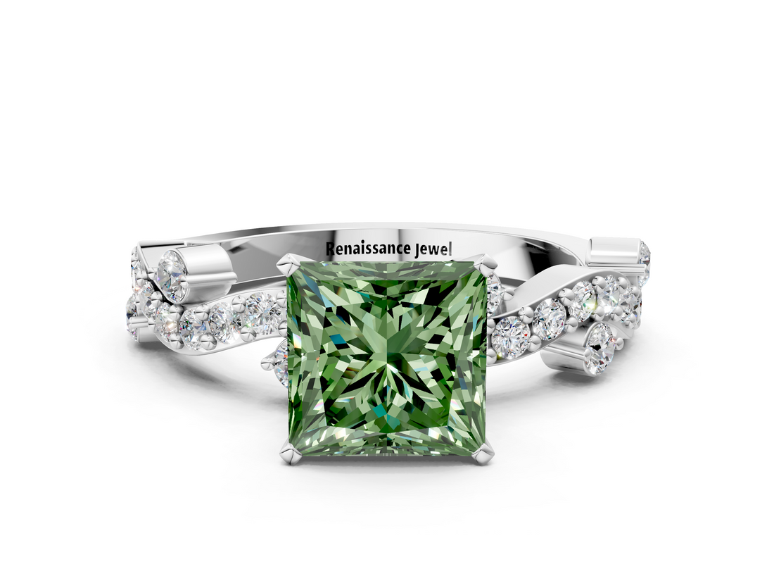 White gold Fancy Green Princess  Cut Solitaire Diamond Twisted Band with Pave Setting