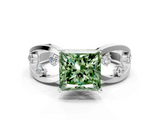 White gold Fancy Green Princess  Cut Solitaire Diamond with Side Stones on Criss-Cross Band and Four-Prong Setting