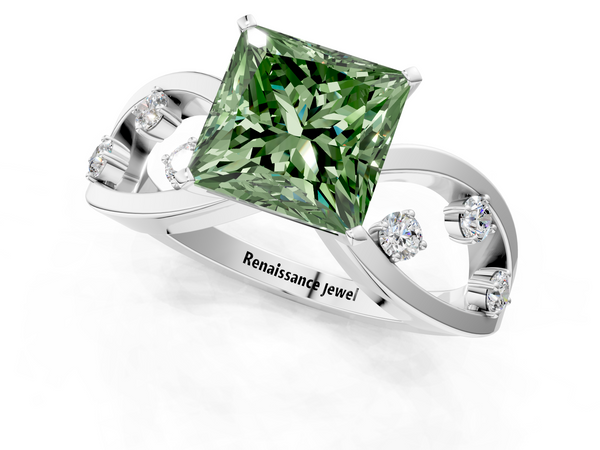 White gold Fancy Green Princess  Cut Solitaire Diamond with Side Stones on Criss-Cross Band and Four-Prong Setting