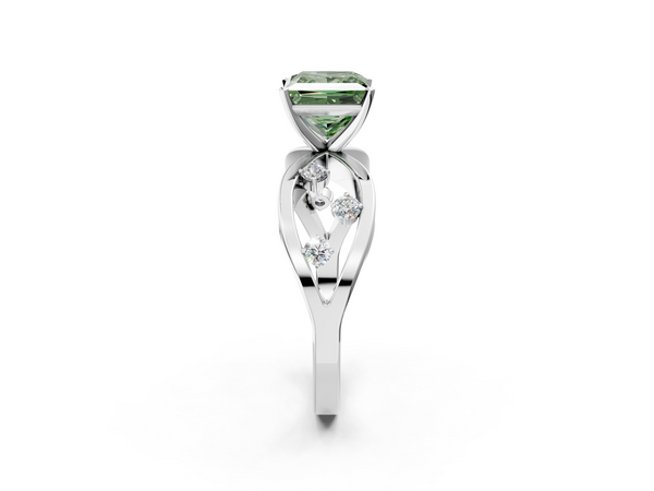 White gold Fancy Green Princess  Cut Solitaire Diamond with Side Stones on Criss-Cross Band and Four-Prong Setting