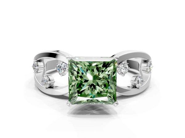 White gold Fancy Green Princess  Cut Solitaire Diamond with Side Stones on Criss-Cross Band and Four-Prong Setting