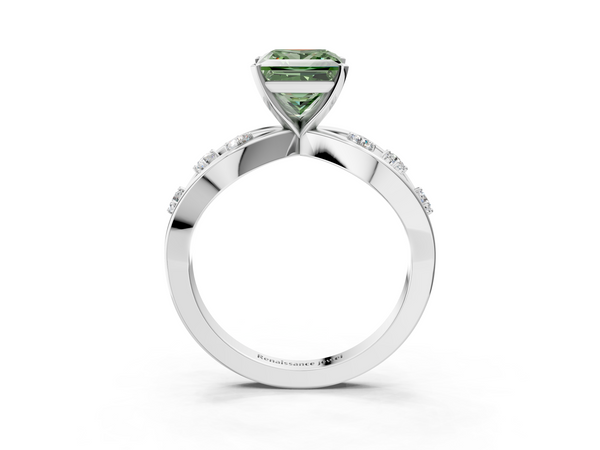 White gold Fancy Green Princess  Cut Solitaire Diamond with Side Stones on Criss-Cross Band and Four-Prong Setting