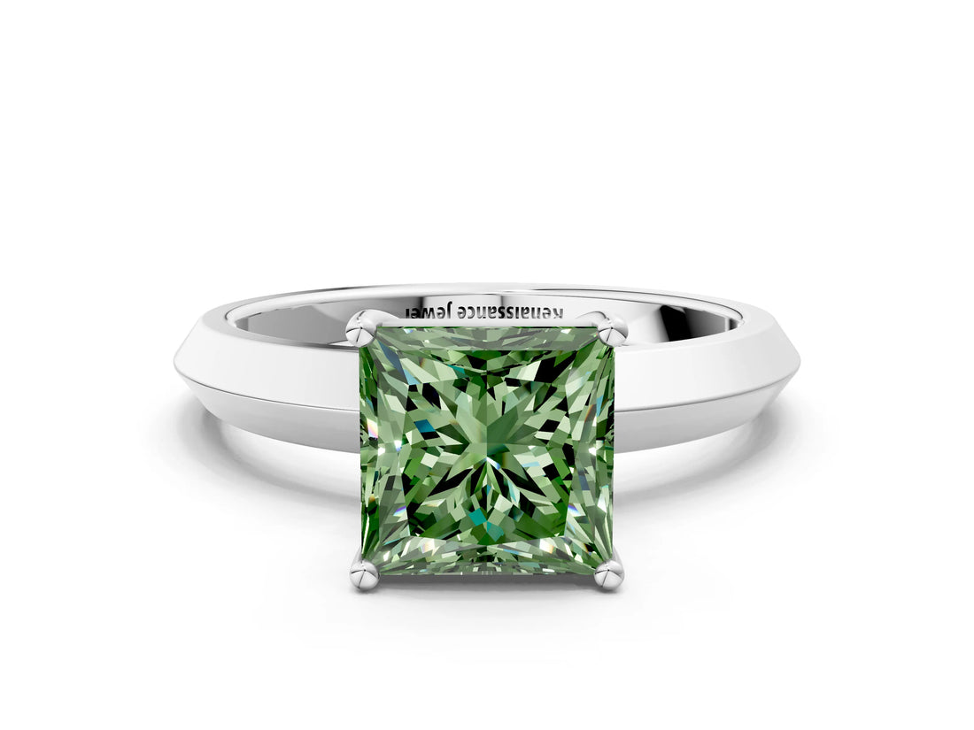 White gold Fancy Green Princess  Cut Solitaire Engagement Ring with Flat Band and Four-Prong Setting 1