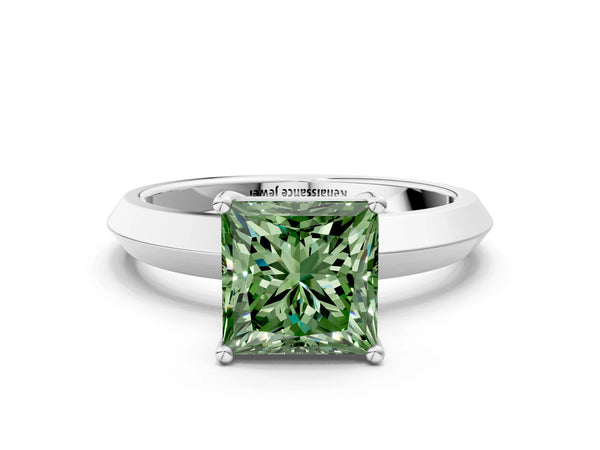 White Gold Princess Cut Knife-Edge Solitaire Engagement Ring Setting for Fancy Green Center