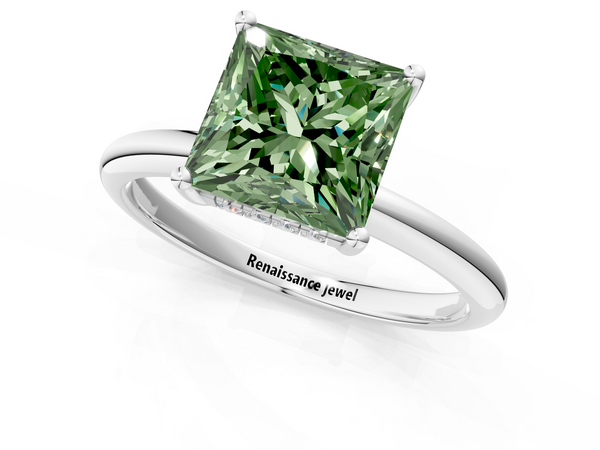 Platinum Fancy Green Princess  Cut Solitaire Engagement Ring with Four-Prong Setting and Classic Band