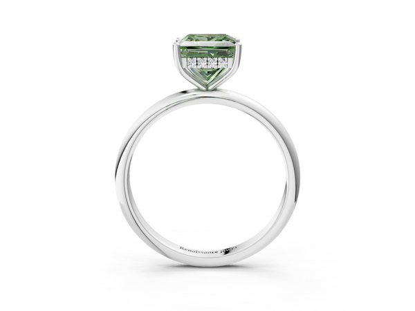 Platinum Fancy Green Princess  Cut Solitaire Engagement Ring with Four-Prong Setting and Classic Band