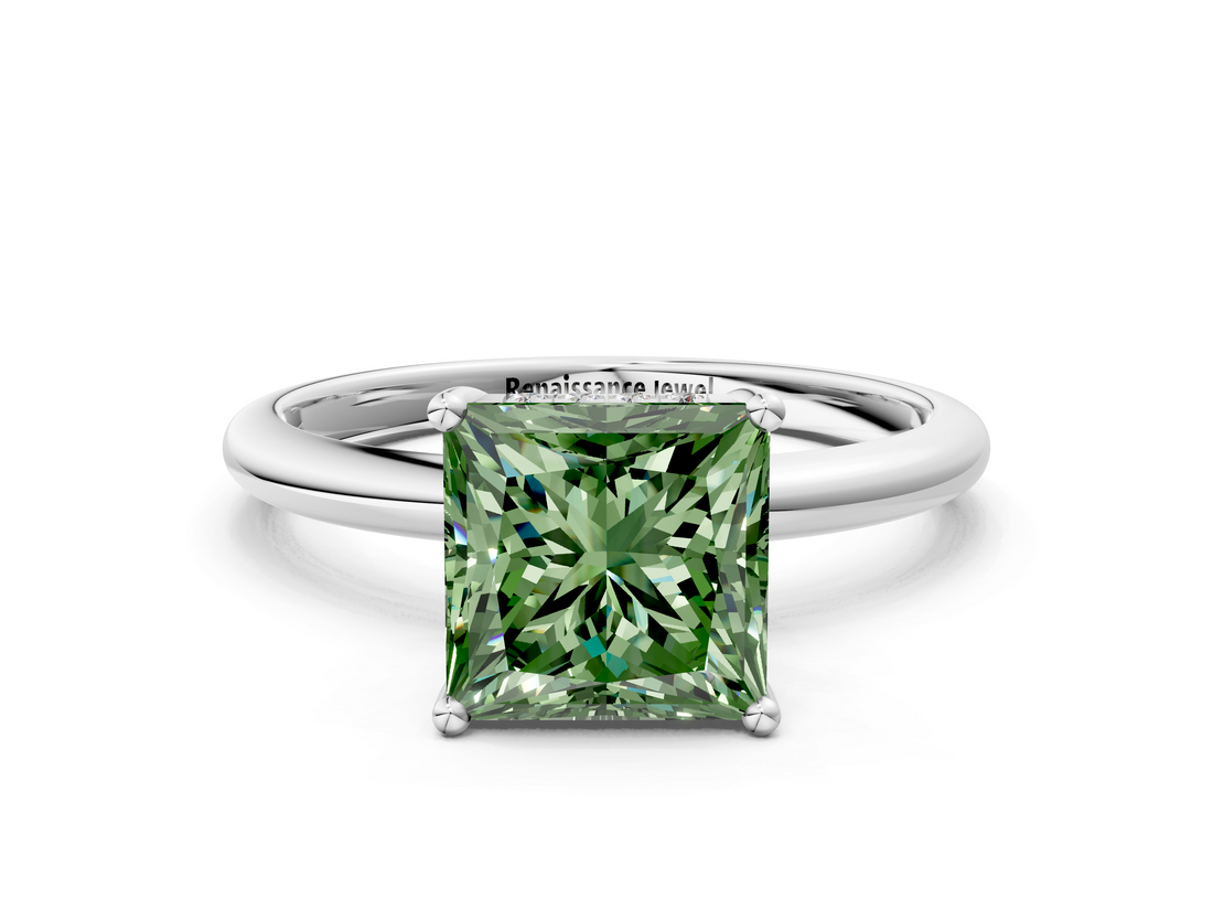 White gold Fancy Green Princess  Cut Solitaire Engagement Ring with Four-Prong Setting and Classic Band