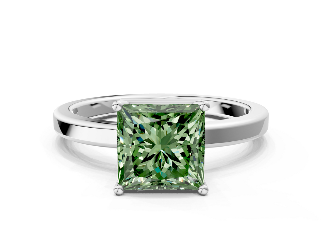 White gold Fancy Green Princess  Cut Solitaire Engagement Ring with Four-Prong Setting on a Classic Band