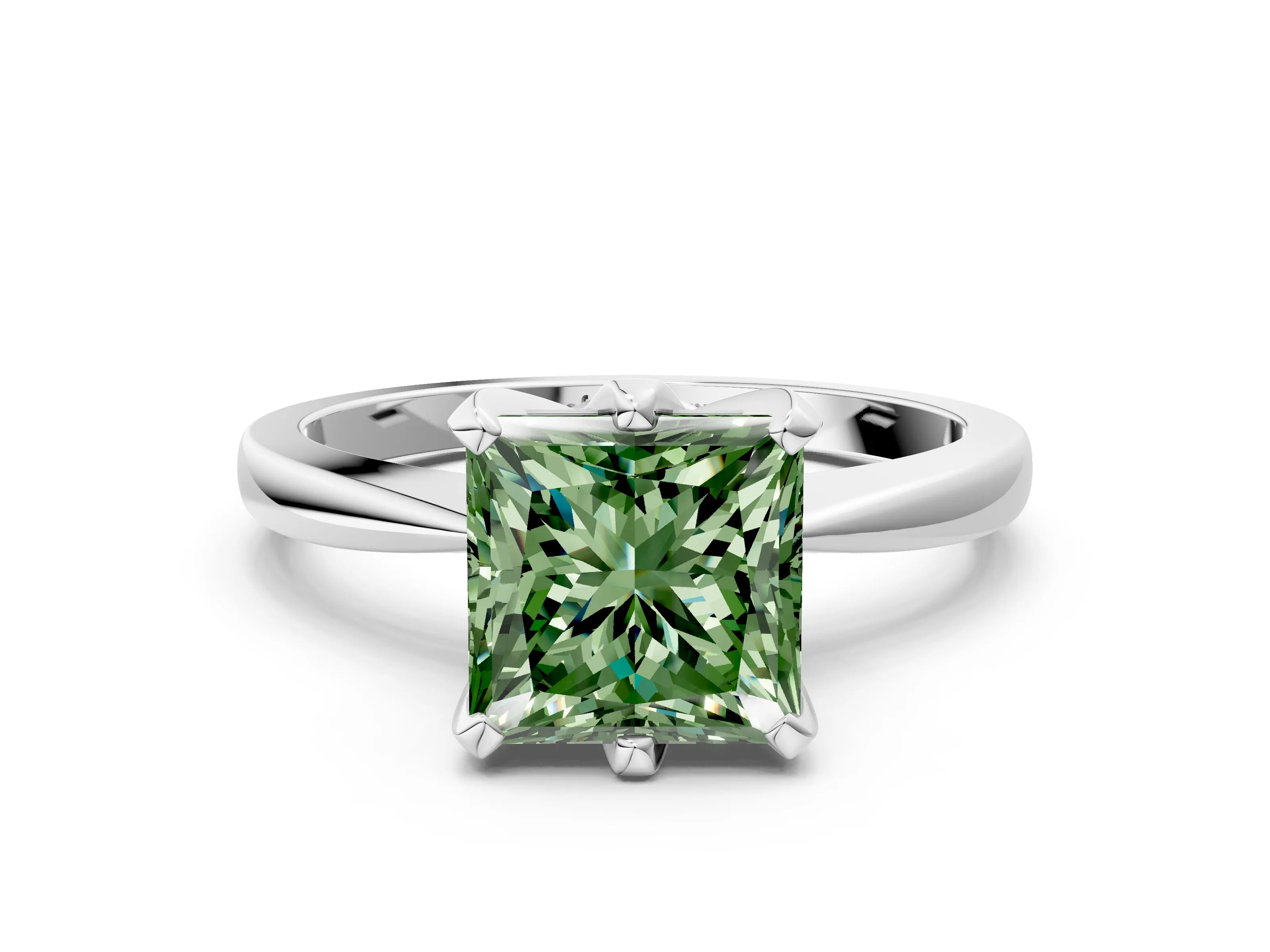 White gold Fancy Green Princess Cut Solitaire Engagement Ring with Six-Prong Setting and Tapered Band