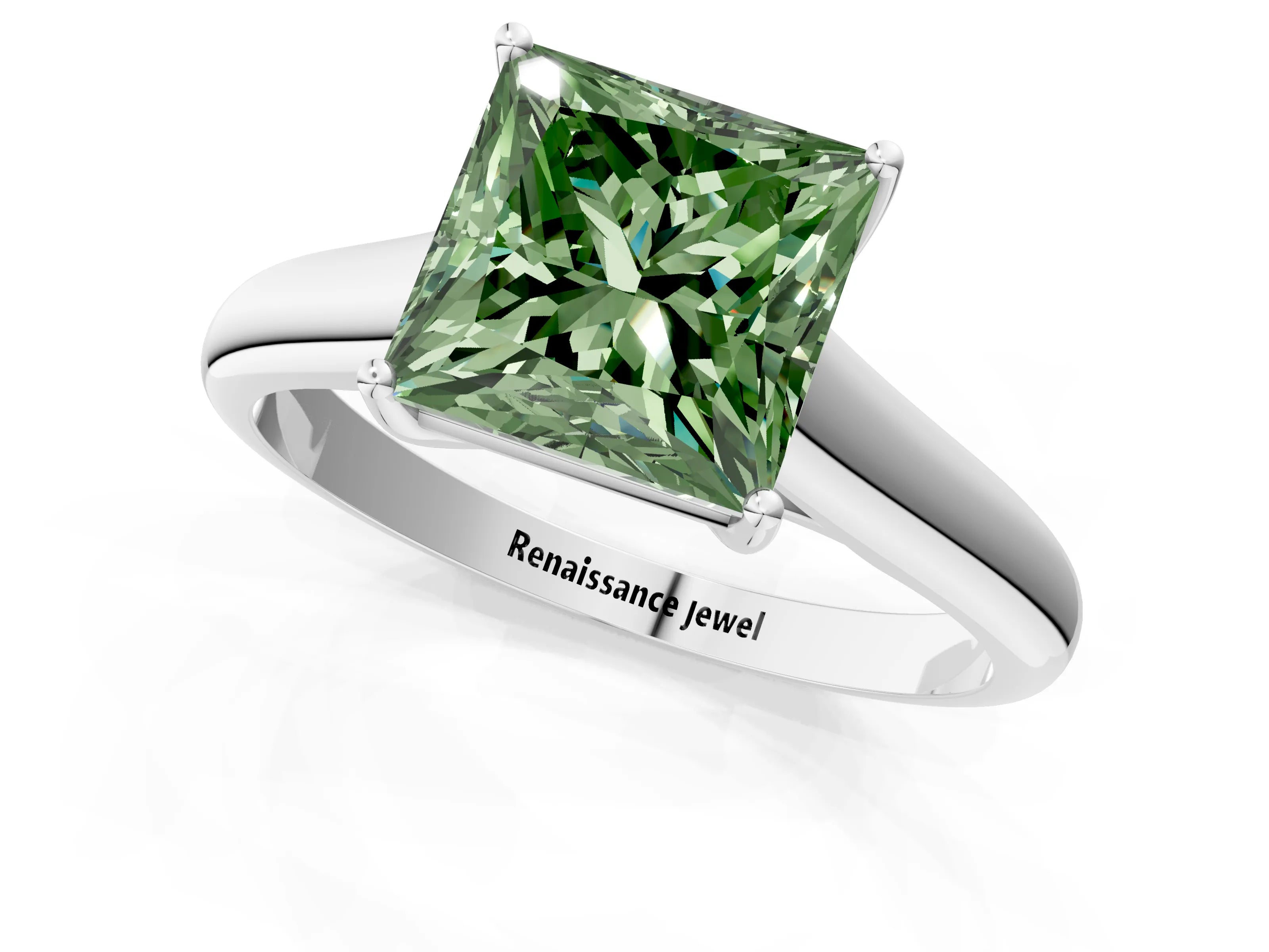 White gold Fancy Green Princess Cut Solitaire Engagement Ring with Tapered Band and Four-Prong Setting_4