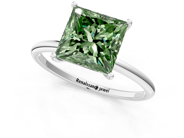 Platinum Fancy Green Princess  Cut Solitaire Engagement Ring with Thin Band and Four-Prong Setting