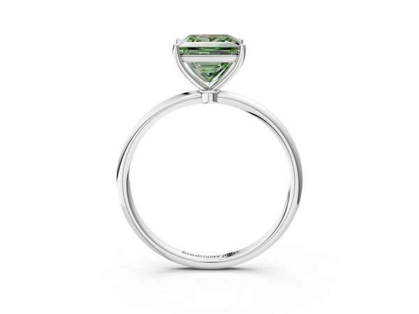 Platinum Fancy Green Princess  Cut Solitaire Engagement Ring with Thin Band and Four-Prong Setting