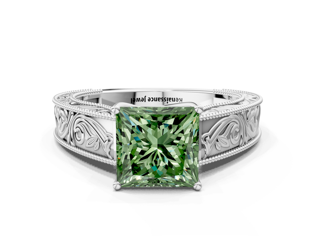 White gold Fancy Green Princess  Cut Solitaire Engraved Band with Four-Prong Setting