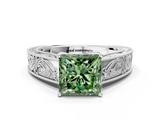 White gold Fancy Green Princess  Cut Solitaire Engraved Band with Four-Prong Setting