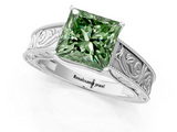 White gold Fancy Green Princess  Cut Solitaire Engraved Band with Four-Prong Setting_1