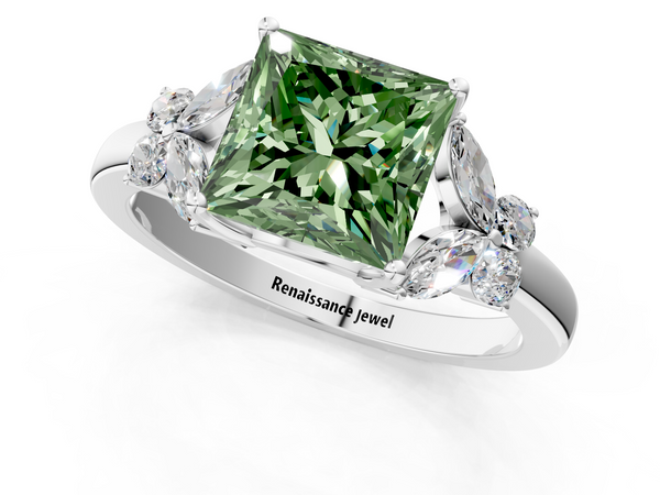 Platinum Fancy Green Princess  Cut Solitaire Floral Diamond Ring with Four-Prong Setting