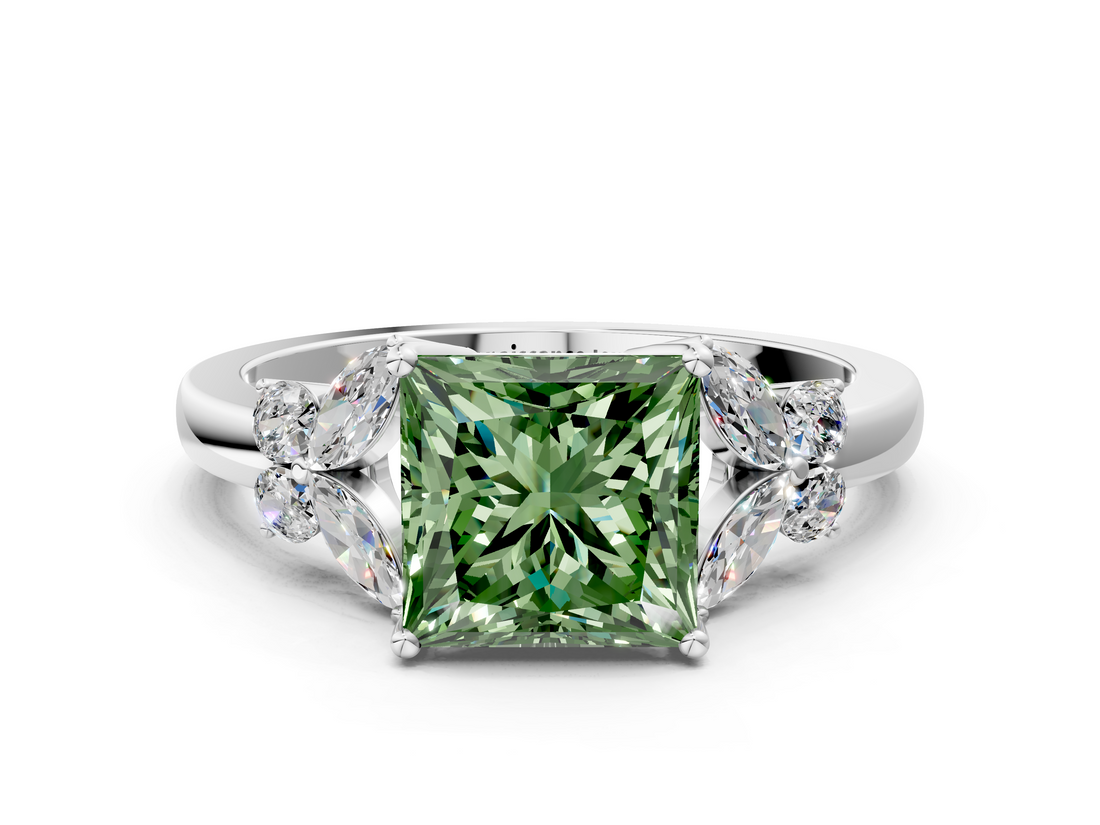 White gold Fancy Green Princess  Cut Solitaire Floral Diamond Ring with Four-Prong Setting