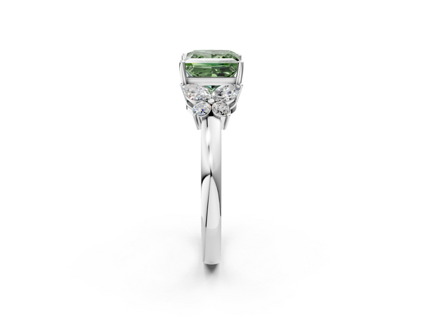 Platinum Fancy Green Princess  Cut Solitaire Floral Diamond Ring with Four-Prong Setting