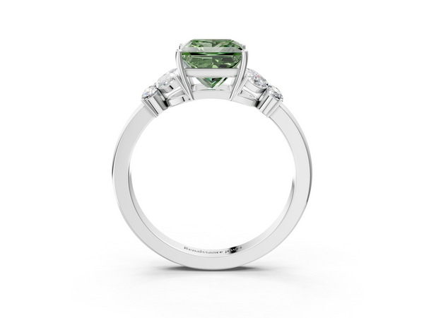 Platinum Fancy Green Princess  Cut Solitaire Floral Diamond Ring with Four-Prong Setting