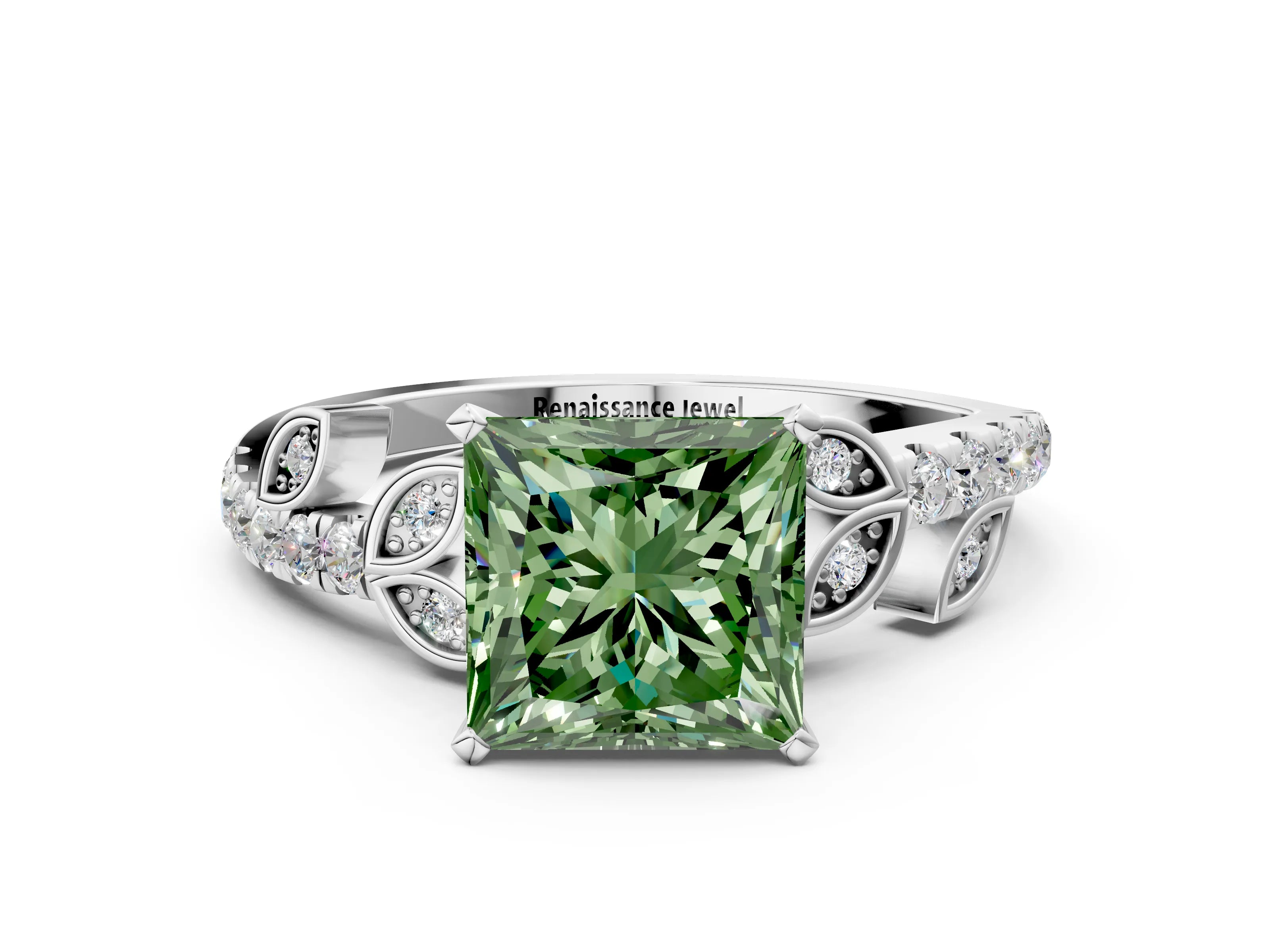 White gold Fancy Green Princess Cut Solitaire Leaf-Inspired Diamond Ring with Pavé Band and Four-Prong Setting