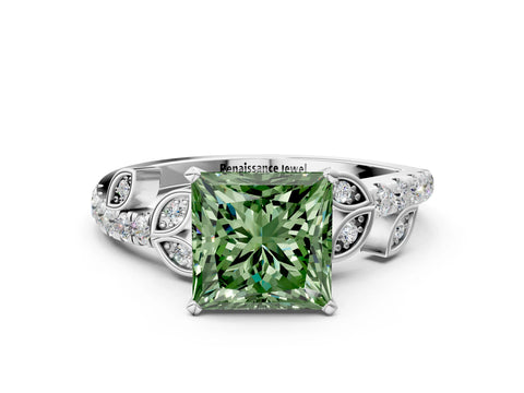 White gold Fancy Green Princess Cut Solitaire Leaf-Inspired Diamond Ring with Pavé Band and Four-Prong Setting