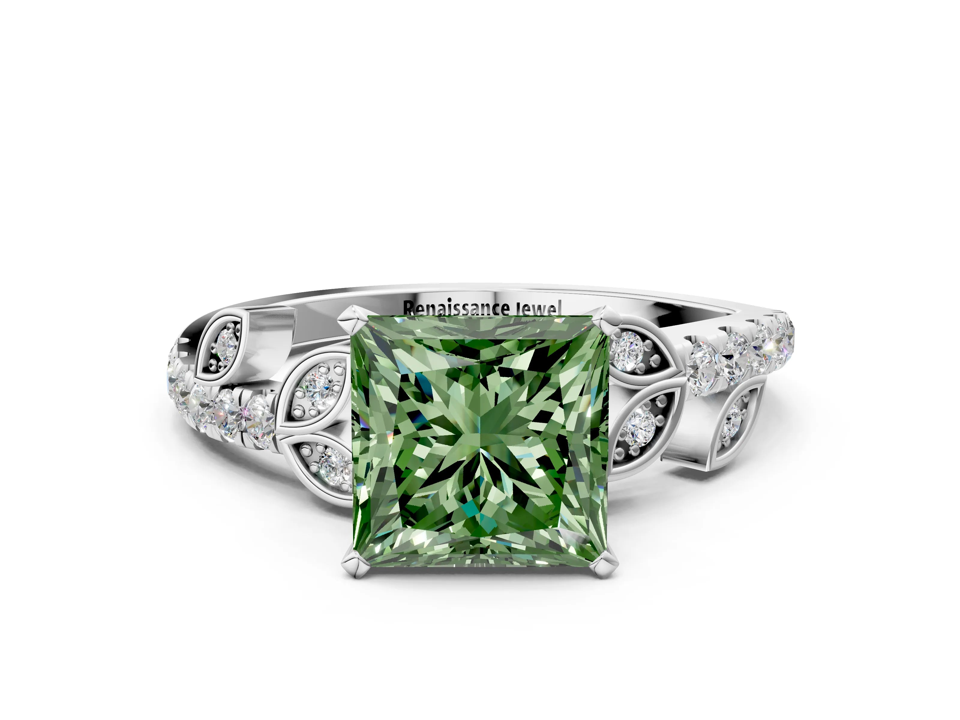 White gold Fancy Green Princess Cut Solitaire Leaf-Inspired Diamond Ring with Pavé Band and Four-Prong Setting_12