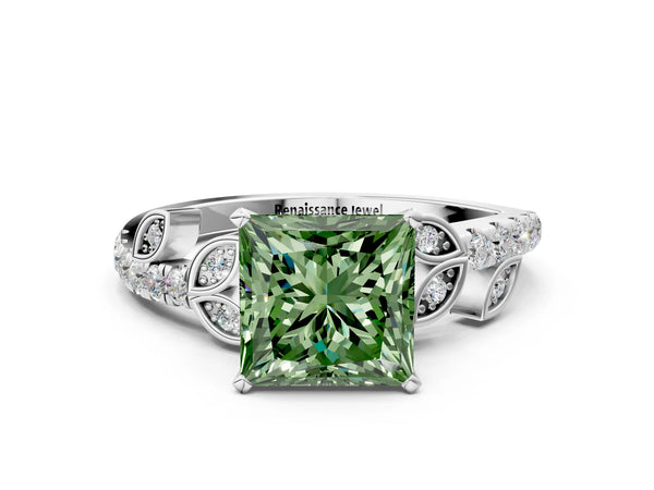 Platinum Fancy Green Princess Cut Solitaire Leaf-Inspired Diamond Ring with Pavé Band and Four-Prong Setting
