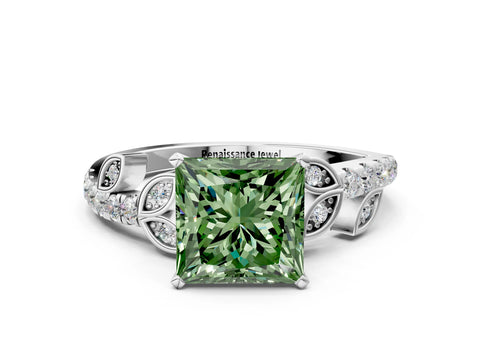 White gold Fancy Green Princess Cut Solitaire Leaf-Inspired Diamond Ring with Pavé Band and Four-Prong Setting_12