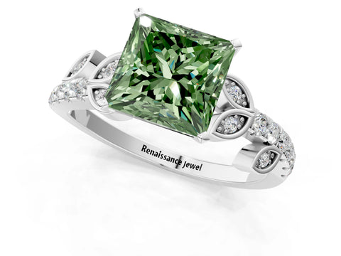 White gold Fancy Green Princess Cut Solitaire Leaf-Inspired Diamond Ring with Pavé Band and Four-Prong Setting_13