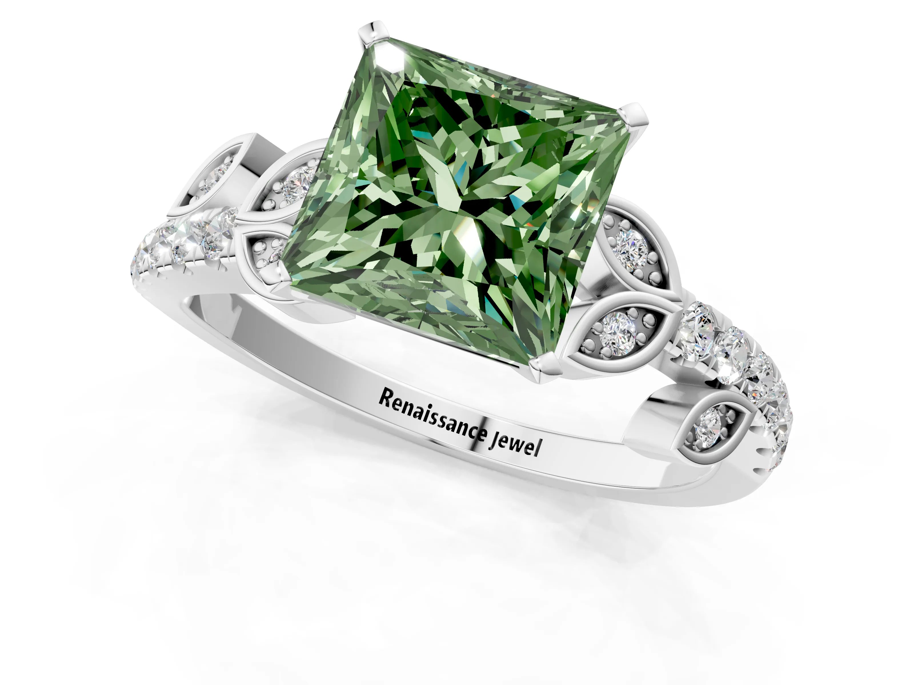 White gold Fancy Green Princess Cut Solitaire Leaf-Inspired Diamond Ring with Pavé Band and Four-Prong Setting_13