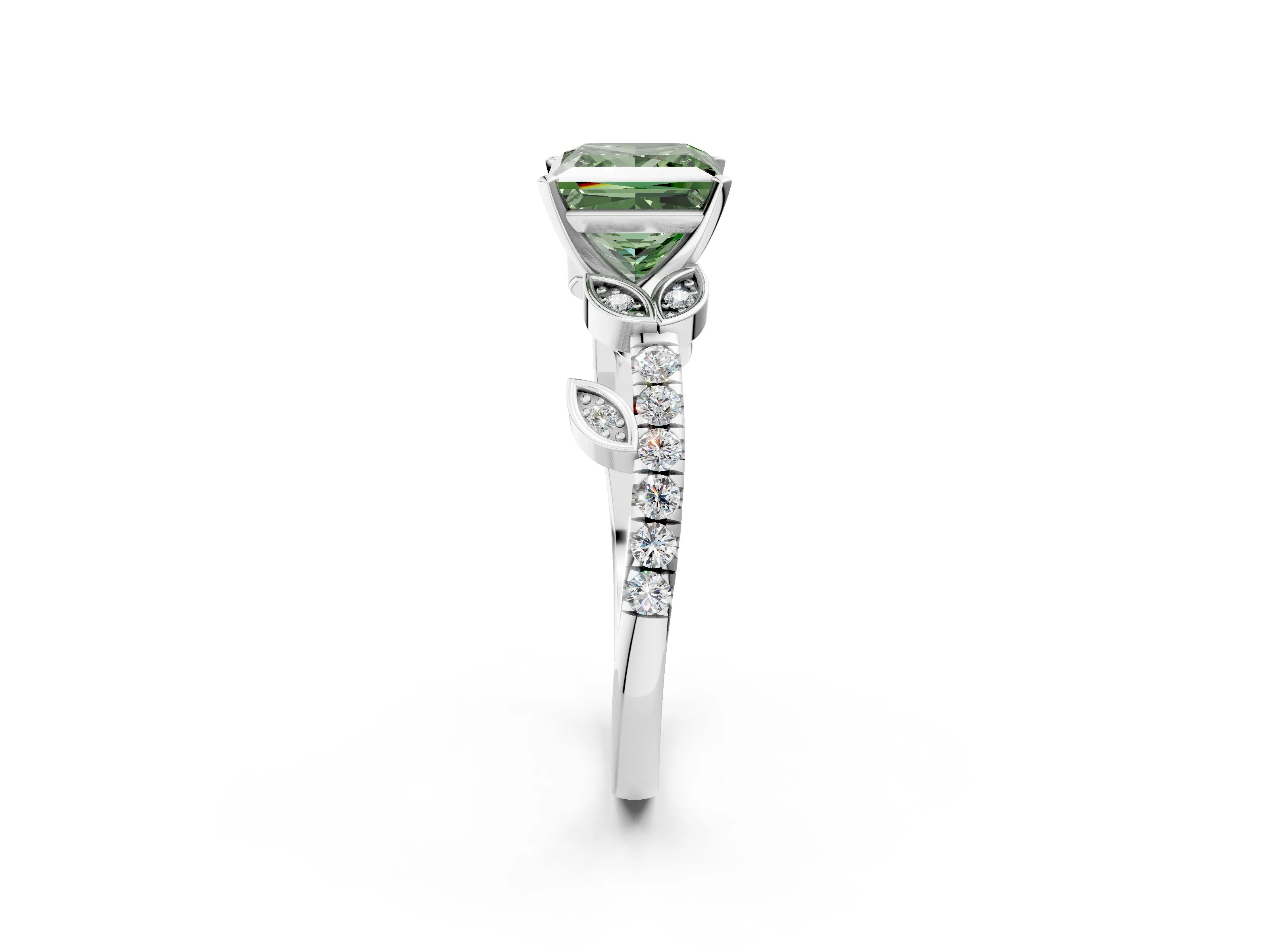 White gold Fancy Green Princess Cut Solitaire Leaf-Inspired Diamond Ring with Pavé Band and Four-Prong Setting_14